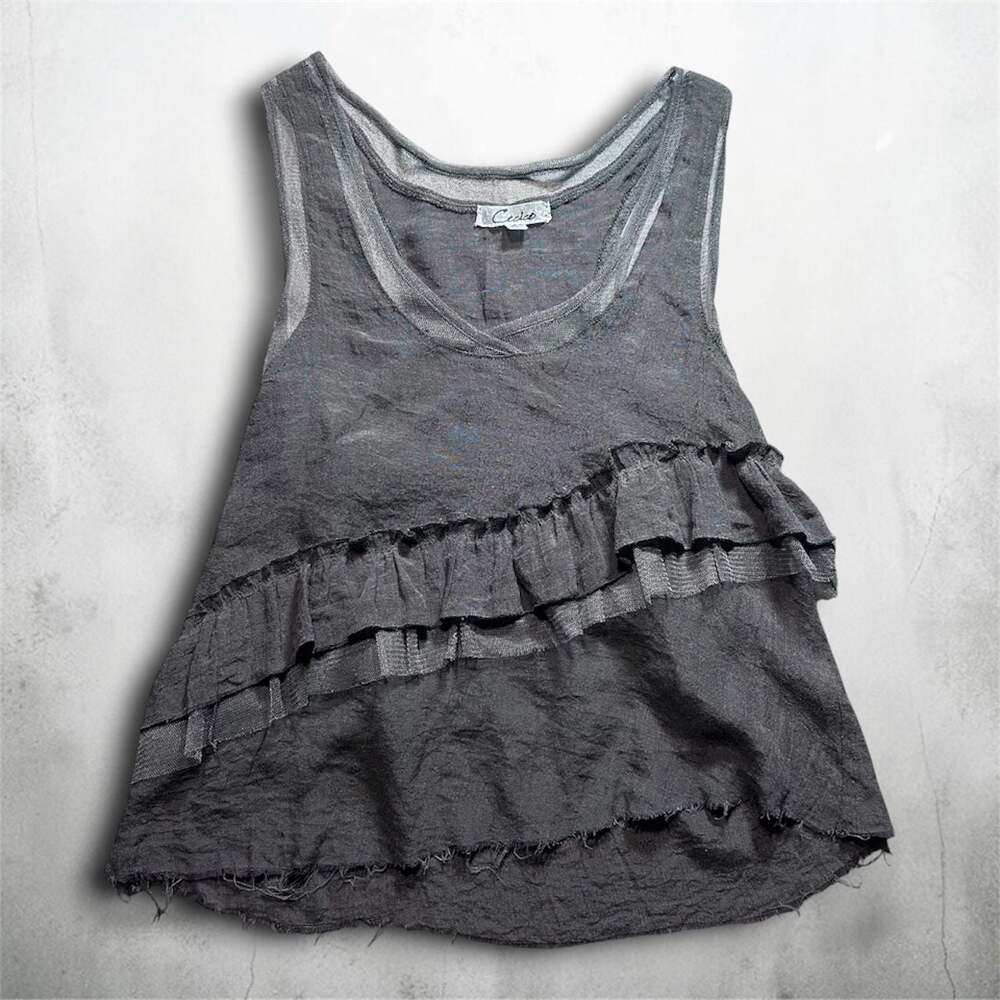 Cecico Gray Sleeveless Tank Top with Mesh Ruffle Overlay and Raw Hem